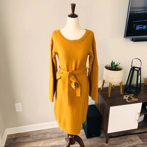 Express Wrap Cozy Warm Mustard Sweater Midi Dress with Belt with Wool Blend